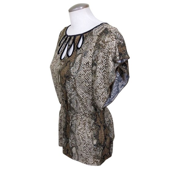 Womens Medium Blouse Flutter Sleeve Smocked Waist Snake Print Brown Cutouts - Picture 5 of 10